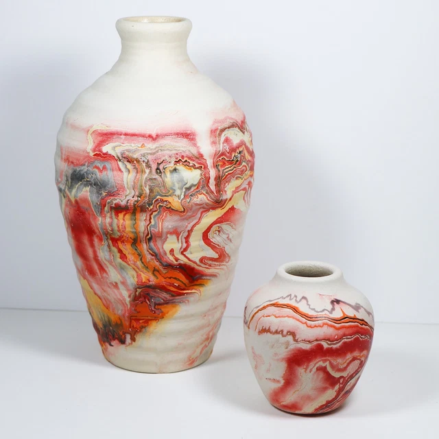 VINTAGE NEMADJI POTTERY Vases - Red, Orange, Black Swirls (Set of