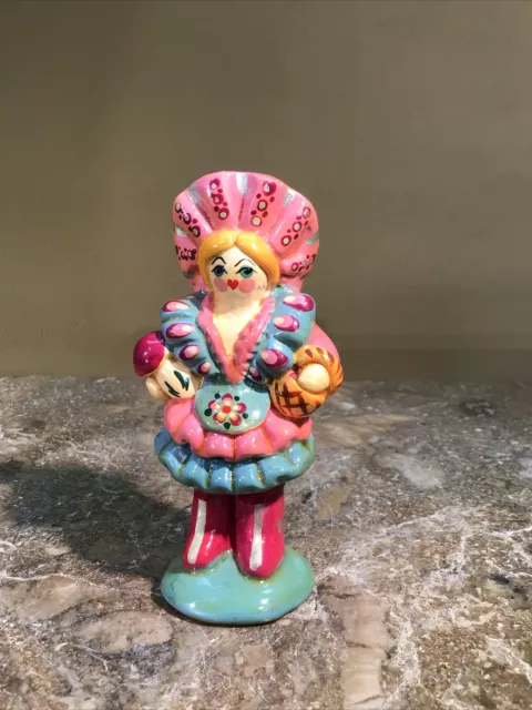 Vintage Ukrainian Ceramic clay pottery ￼woman majolica figurine 4” tall