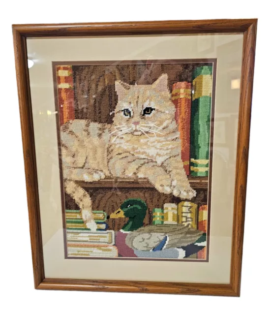 Vintage Cat And Mallard Finished Needlepoint Art Matted Framed 1980s