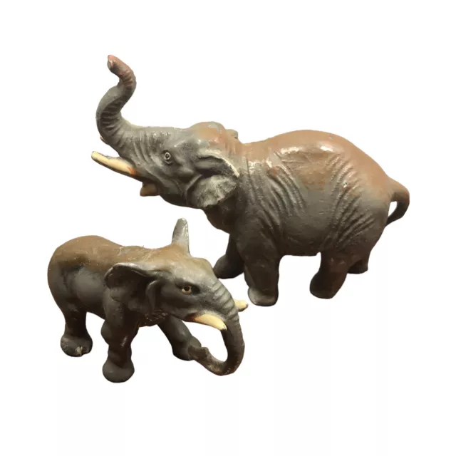 Antique Metal Toy Elephant Mama & Baby Painted Tusks Germany Figurine Vintage