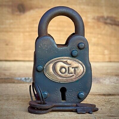 Colt Gate Lock W/ 2 Working Keys & Antique Vintage Finish Brass Tag W/ Colt Logo