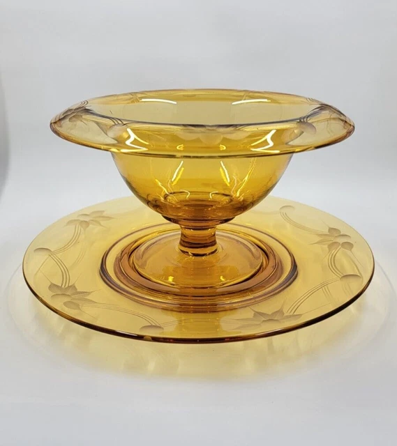 VINTAGE AMBER ETCHED Compote Pedestal Bowl Depression Glass with