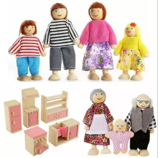 Doll House Furniture Wooden Set People Family Dolls Toy For Kid Children Gift 2