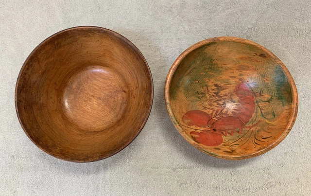 Antique Wood Turned Folk Art Lobster & Fine Salad Bowl Lot