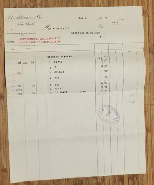 1907 Letterhead New York City Altman Women's Clothing Apparel