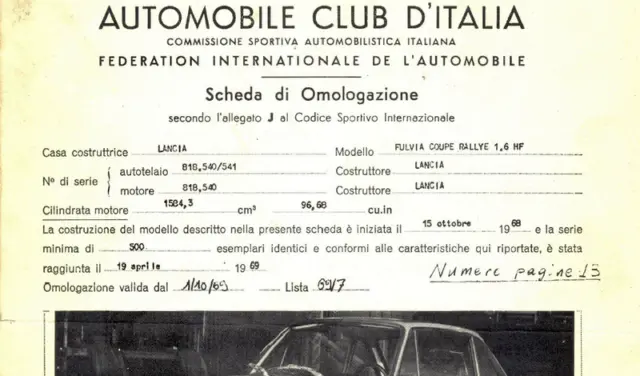 Lancia Fulvia Coupe' Rallye 1.6 Fiche Homologation In Pdf File Format (0141)