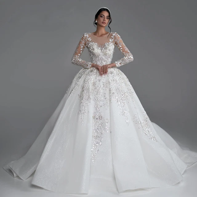 Luxury Long Sleeves Wedding Dresses Princess Beading Embroidery Sequined Gowns