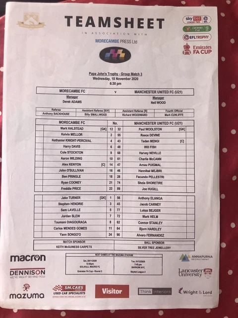 Fiche équipe Couleur : Manchester United Vs Sunderland Du 03/10/2009 - Collectible Football