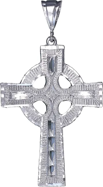 Large Sterling Silver Celtic Cross Pendant Necklace Diamond Cut Finish and Chain