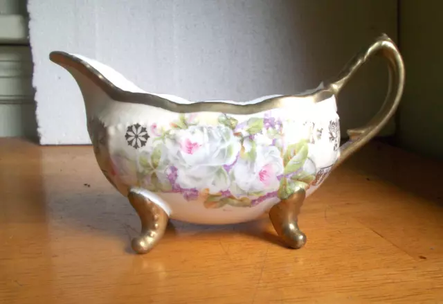 1890s SILESIA MARKED GERMAN PORCELAIN FOOTED CREAMER PRETTY FLOWERS