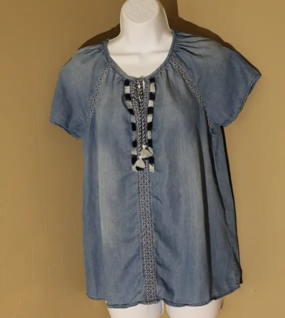 Vintage America, Small Chambray Pullover with Fray Trim, Embroidery and Tassels