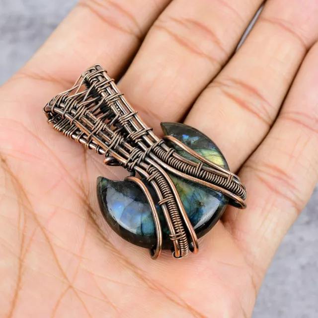 Beautiful Moon Shape Labradorite Gemstone Copper Wire Wrapped Handmade Pendant