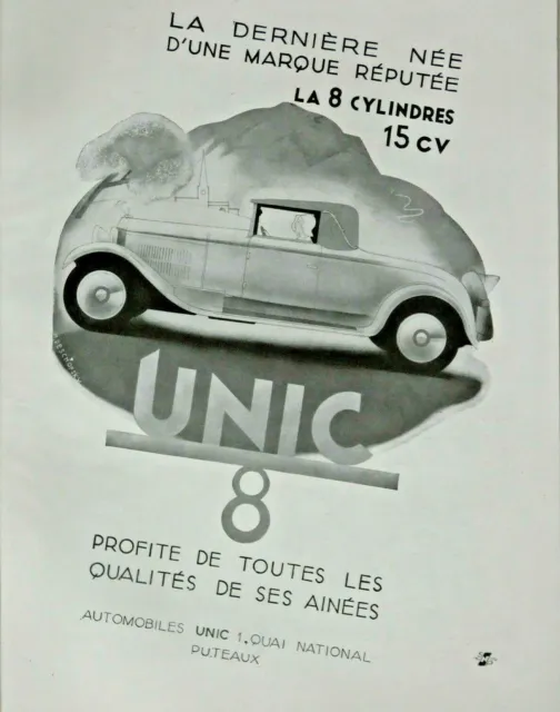 Publicité De Presse 1931 Automobiles La 8 Cylindres 15 Cv Unic