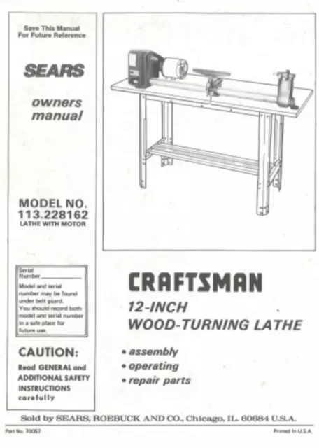 Craftsman 12" Wood Lathe 113.228162 Owner manual On USB