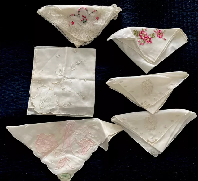 LOT OF 6 VINTAGE HANDKERCHIEFS HANKIES Irish Linen Lace & Embroidery