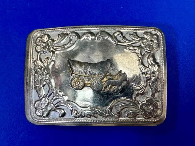 Horse Drawn Covered wagon - Vintage Two tone raised flower pattern belt buckle 3