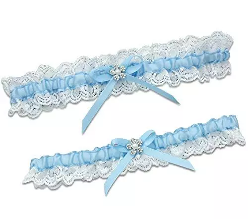 Blue Wedding Garters for Bride Bridal Garter Set w/ Rhinestone Satin Bow, Medium