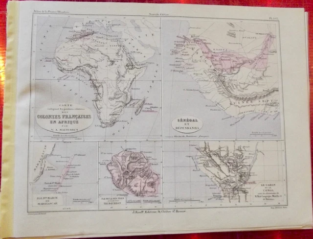 Old Map 1900 France Afrique Colonies Françaises sénégale Madagascar Réunion