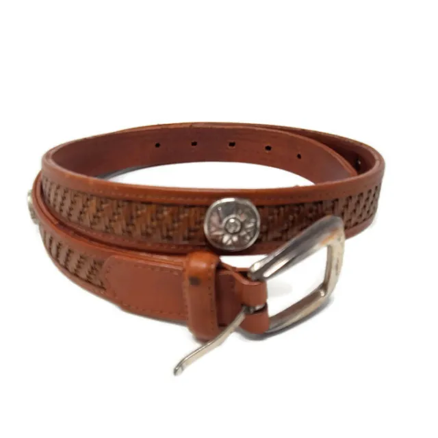 Fossil Genuine Leather Belt Women's Size Medium Brown Floral Accents Stud Woven