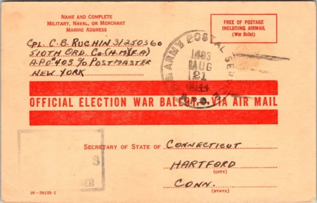 1944 WWII Election War Ballot Cpl C B Ruchin Connecticut APO  postcard JQ3