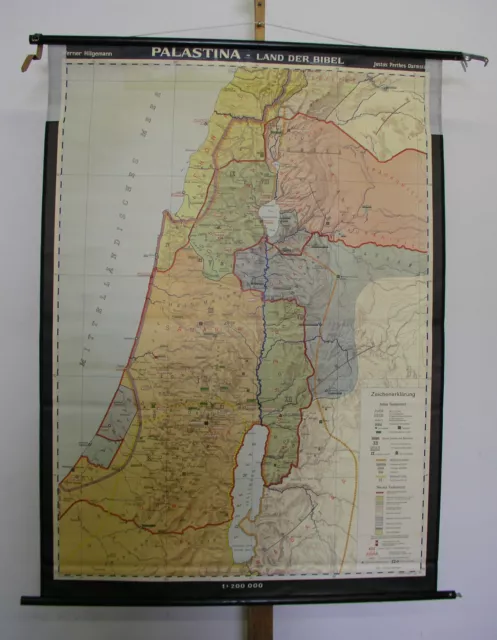 Schul-Wandkarte Santa Land Palestina Bibel 1964 114x155cm Israel Gaza Judíos
