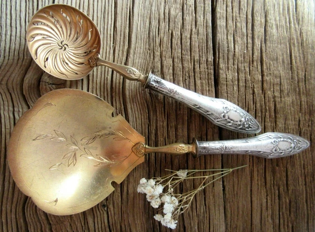 CHARMING FRENCH ANTIQUE SET OF TWO SERVING SPOONS LOUIS XV STYLE RIBBON KNOt