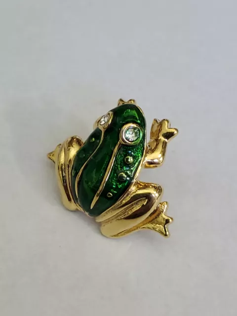 Frog W/ Faux Jewel Eyes Green Textured Back Avon Tie Tack Lapel Pin Gold Color
