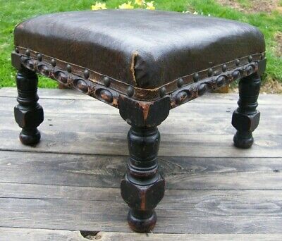 A Pair Of Carved Wood & Faux Leather Country House Foot Stools 7