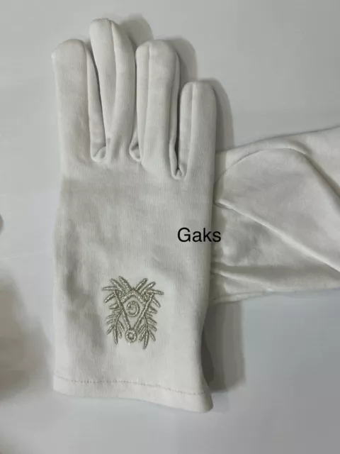 Masonic Gloves White Cotton With Grey Square & Compass G Size: Mens Large