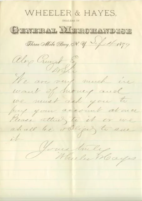 1879 Three Mile Bay New York Wheeler & Hayes General Merchandise letterhead
