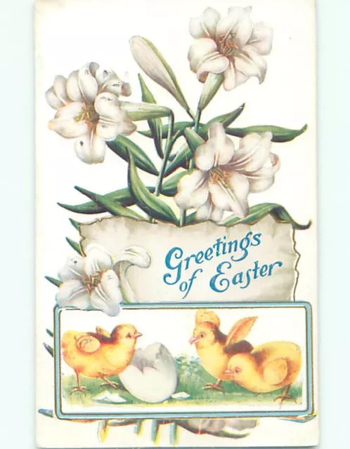 Pre-Linen CHICKS WITH CRACKED EGG AND EASTER LILY FLOWERS : make an offer k2597