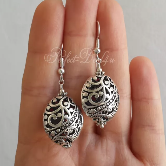 Large Oval Hollow Filigree Earrings 925 Sterling Silver Hook Tibetan SIlver