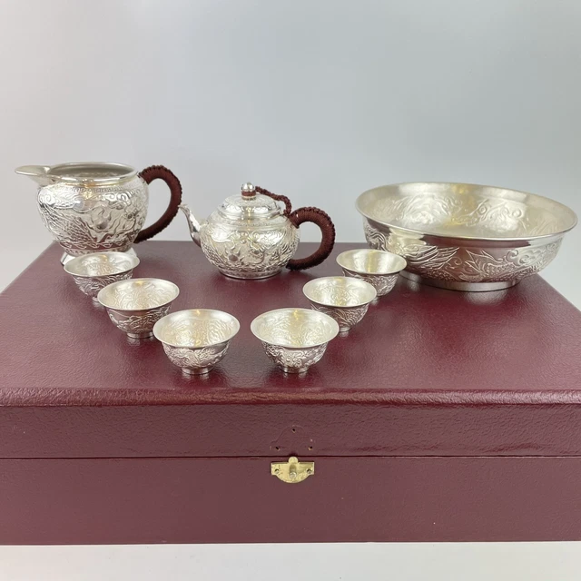 Set da tè vintage argento massiccio cinese del XX secolo 6 ciotole da tè 737 g con custodia