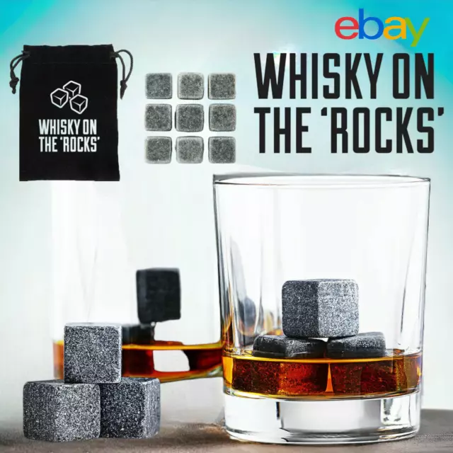 Whiskey Ice Stones 9 PCS Reusable Granite Cooler Cubes Scotch Whisky Rocks Glass