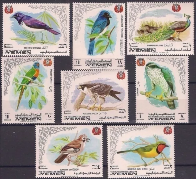 Yemen 1969 Birds Falcon Parrot Peacock Nature Wildlife 8v compl. set MNH