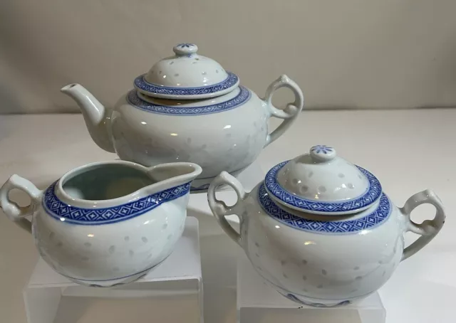 TIENSHAN -Rice Flower- 4 Cup Teapot, Creamer & Sugar Bowl w Lid. Double Handles!