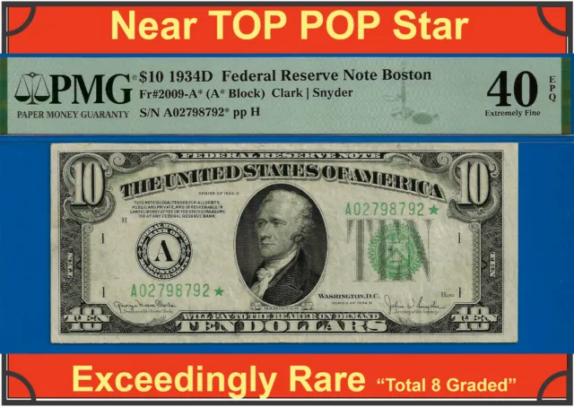 1934D $10 Federal Reserve Note PMG 40EPQ rare 8 known Boston star Fr 2009-A*