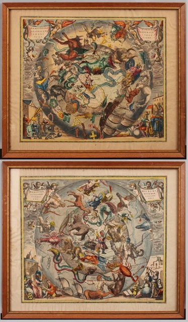 19thC Antique Celestial Zodiac Maps Hand Colored aft 17thC Joannes Janssonius