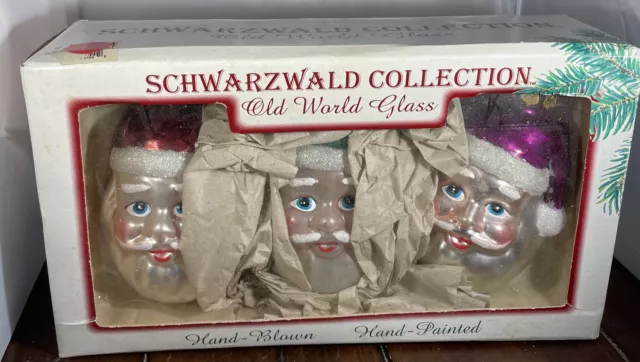 Schwarzwald Collection Hand Blown Painted Christmas 3 Large Santa Ornaments