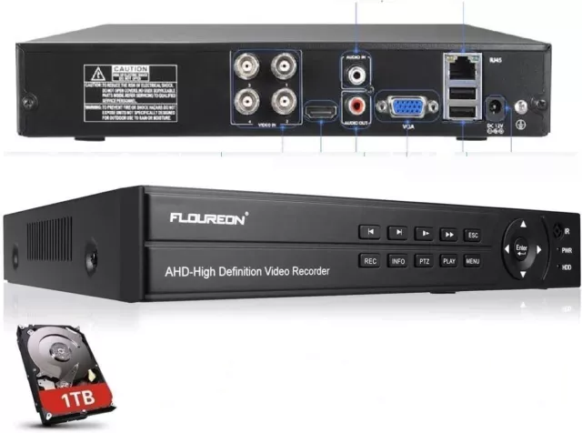 FLOUREON 5-in-1 HD-AHD 4CH 108ON Digital Video Recorder DVR With 1TB Hard Drive