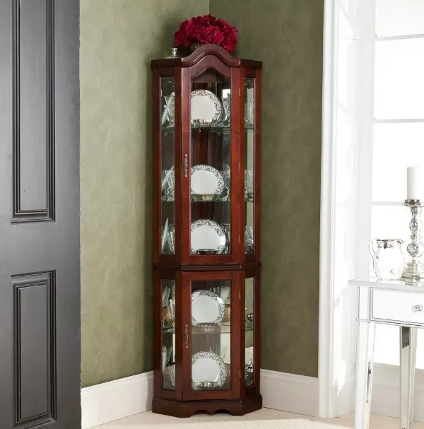 Cabinet Corner Curio Glass Display Lighted Furniture Shelves Storage Wood Case