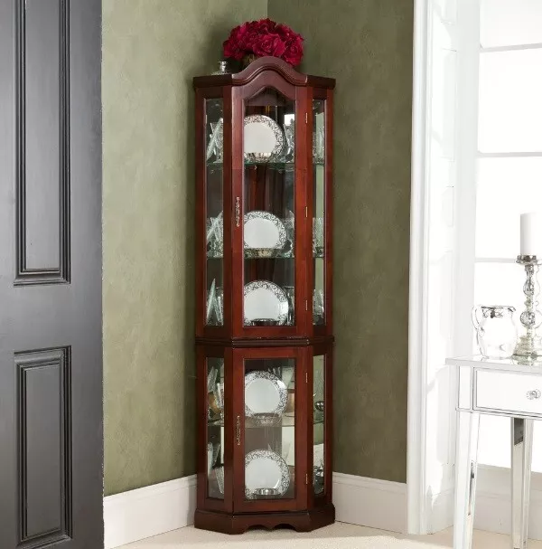Cabinet Corner Curio Glass Display Lighted Furniture Shelves Storage Wood Case Cabinet Corner Curio Glass Display Lighted Furniture Shelves Storage Wood Case