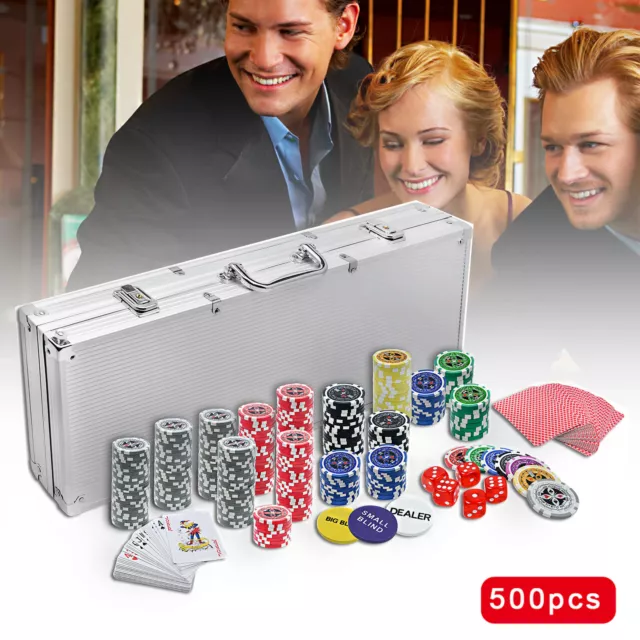 Maleta de póquer juego de póquer juego de póquer con 500 fichas láser plata aluminio maleta fichas nuevo