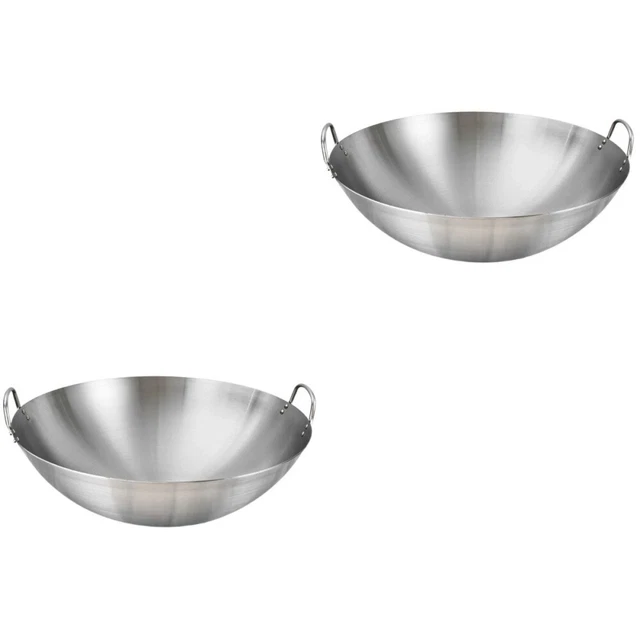 2x Ronde Profonde Fond Wok Acier inoxydable Wok À Fond rond Wok