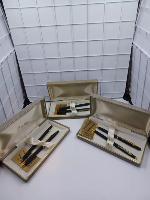 3 Vtg Bradley Matte Black Gold Tone Pen and Mechanical Pencil Set Original Box's