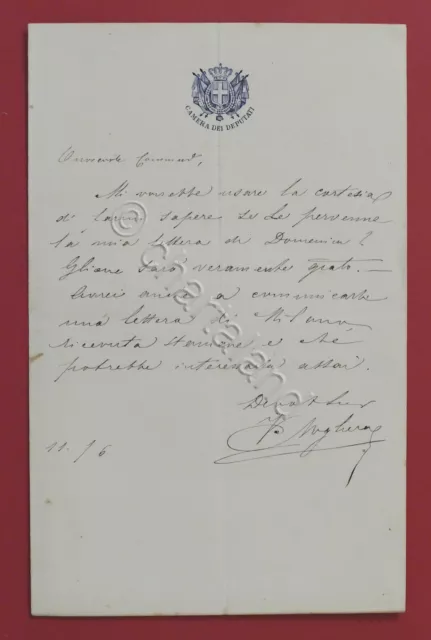 Lettera manoscritta con autografo del deputato Venceslao Noghera - 1876