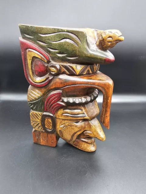 Vintage Mayan/Aztec Hand Carved/Painted Wooden Mask/Face W/ Quetzal Bird 10"