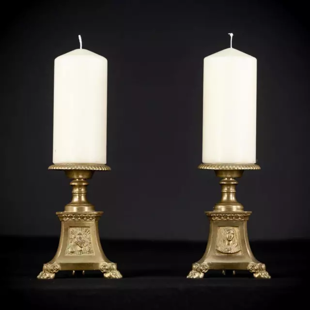 Candlesticks Pair | Two French Antique Gilded Brass Altar Candle Holders | 8.5"