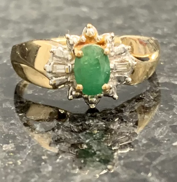 Solid 10k Gold Diamond & Natural Bright Green Emerald Cocktail Ring Size7 Must C