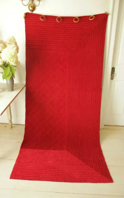 Red Velvet Curtain Vintage French c1900 Quilted Drape with Brass Rings Soft